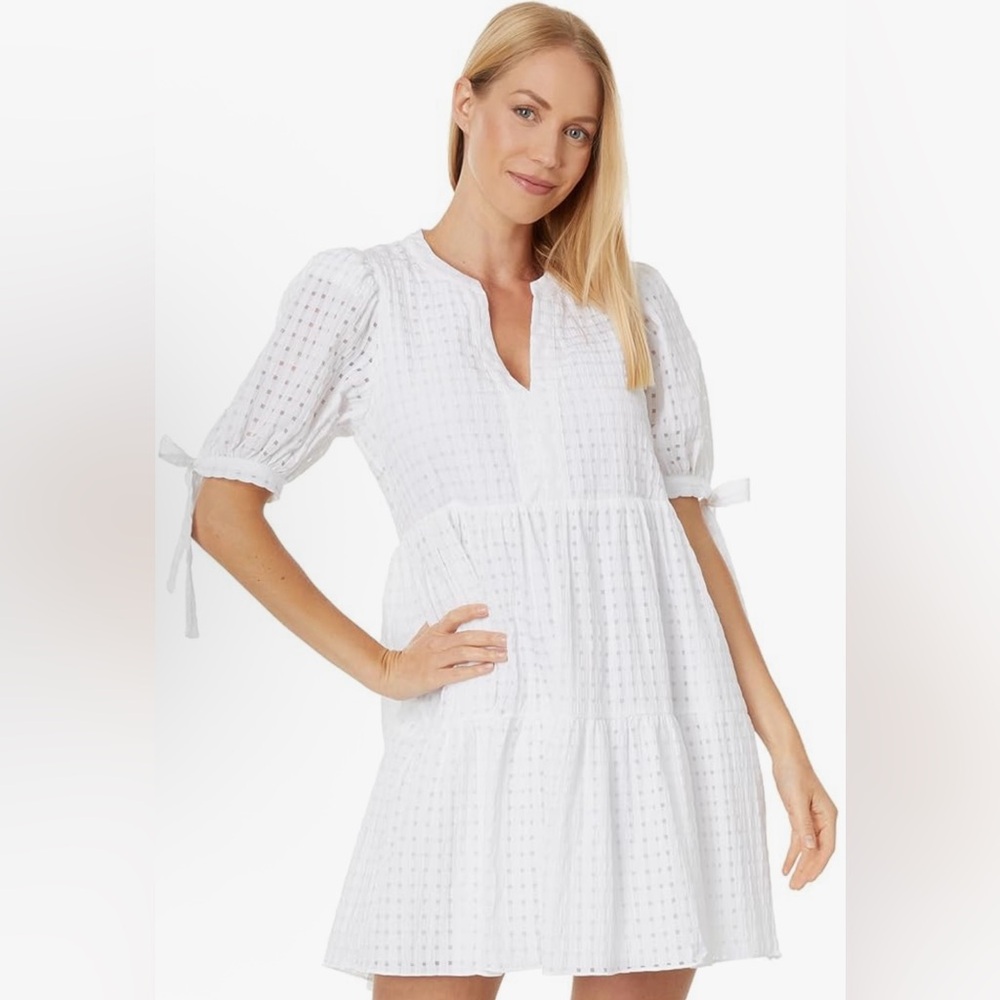 Women’s English Factory White Gingham Tiered Mini Dress Puff Sleeves Summer🤍